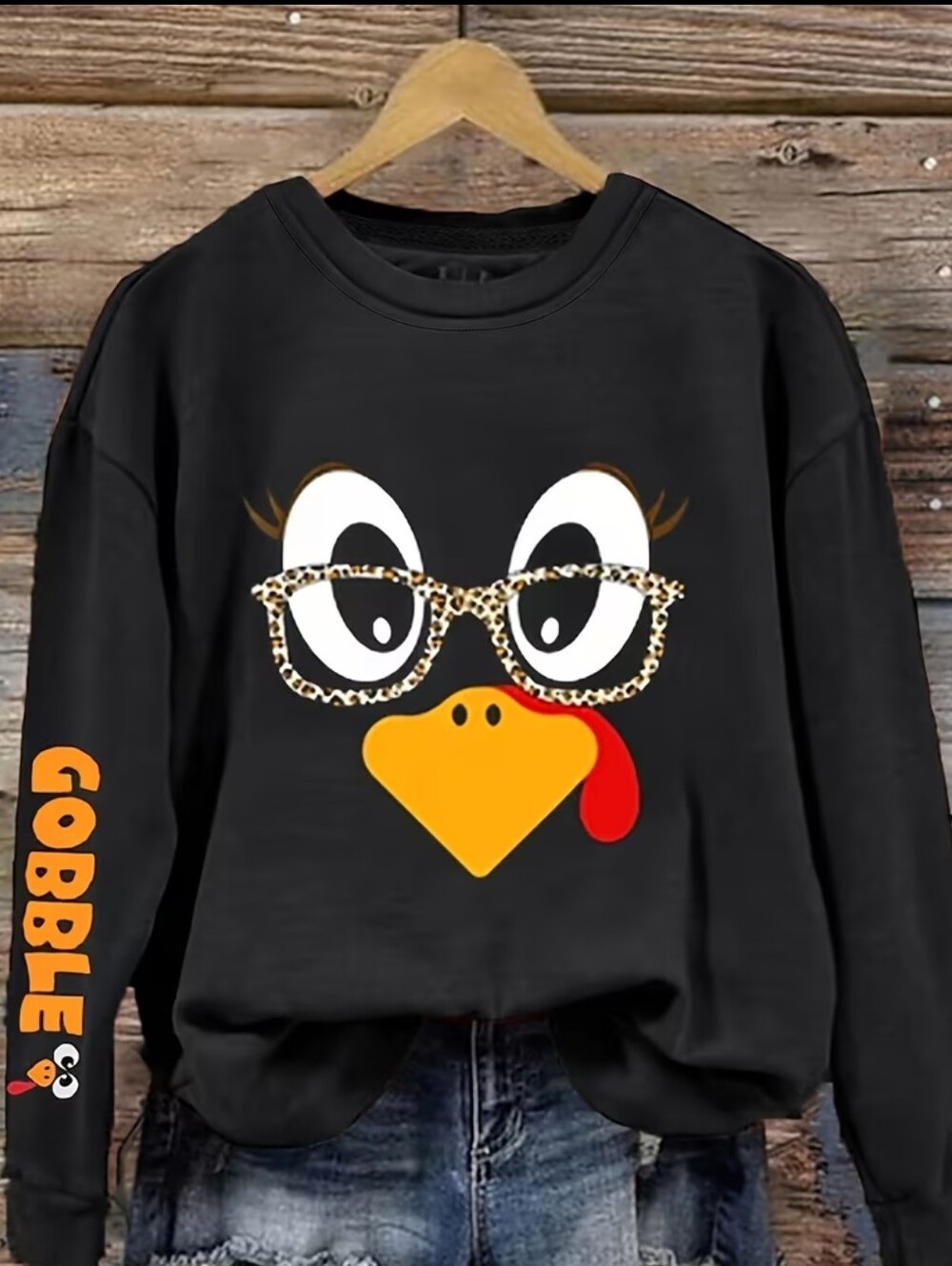 🍁Black Turkey Graphic Sweatshirt with Leopard Glasses - Women Sweaters